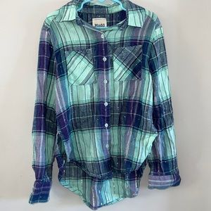 Girls Size 7-8 Mudd Plaid Purple Blue Teal Button Up